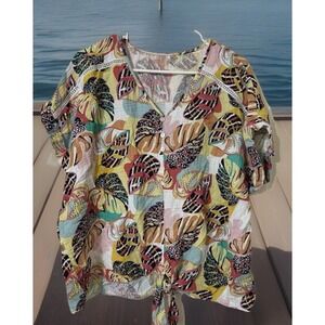 Mirror Image Hawaiian Textured Gauze Top 2X Multicolor Tropical Leopard Monstera
